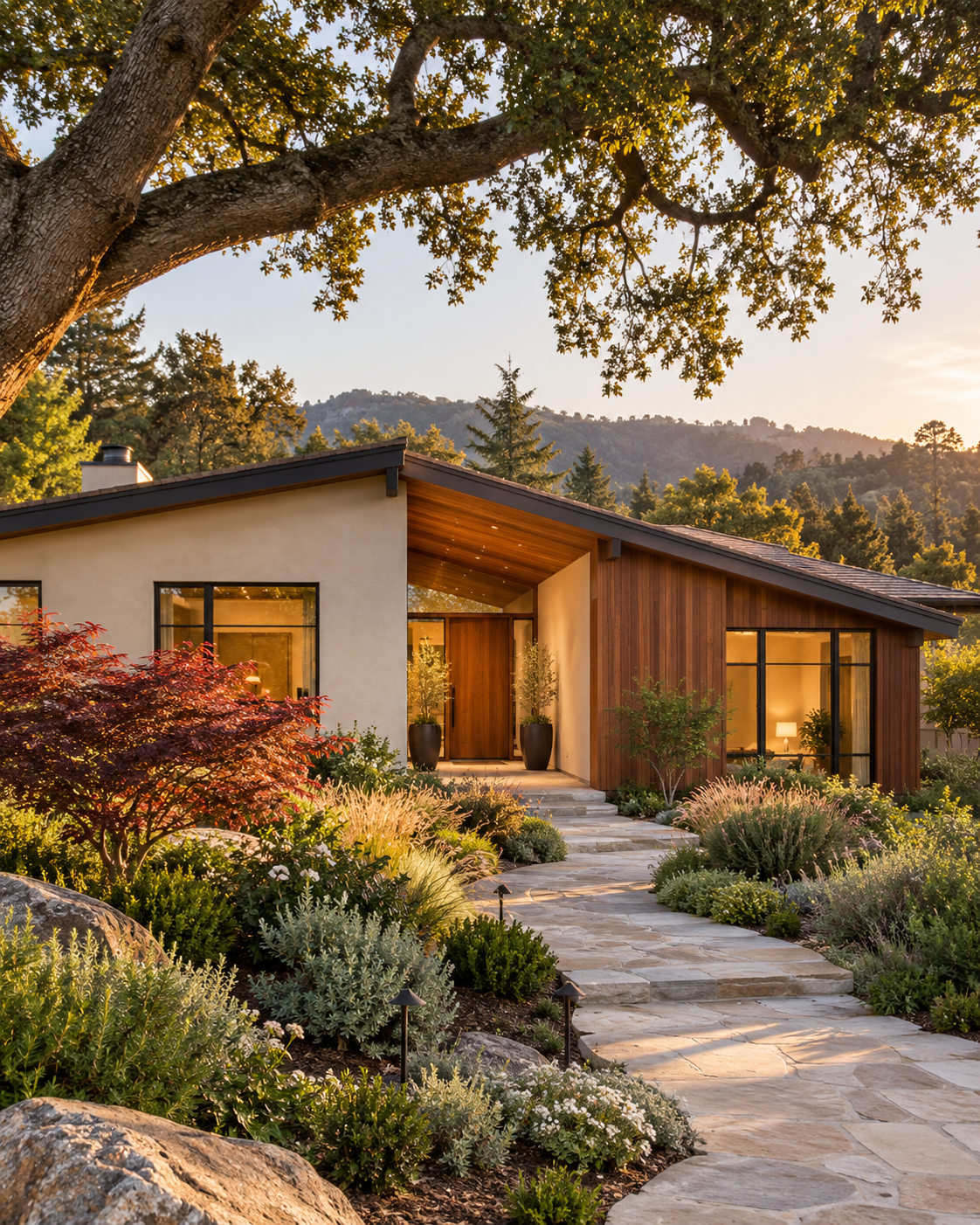 Architectural concept of a contemporary California home with natural stone landscaping and mature oak trees